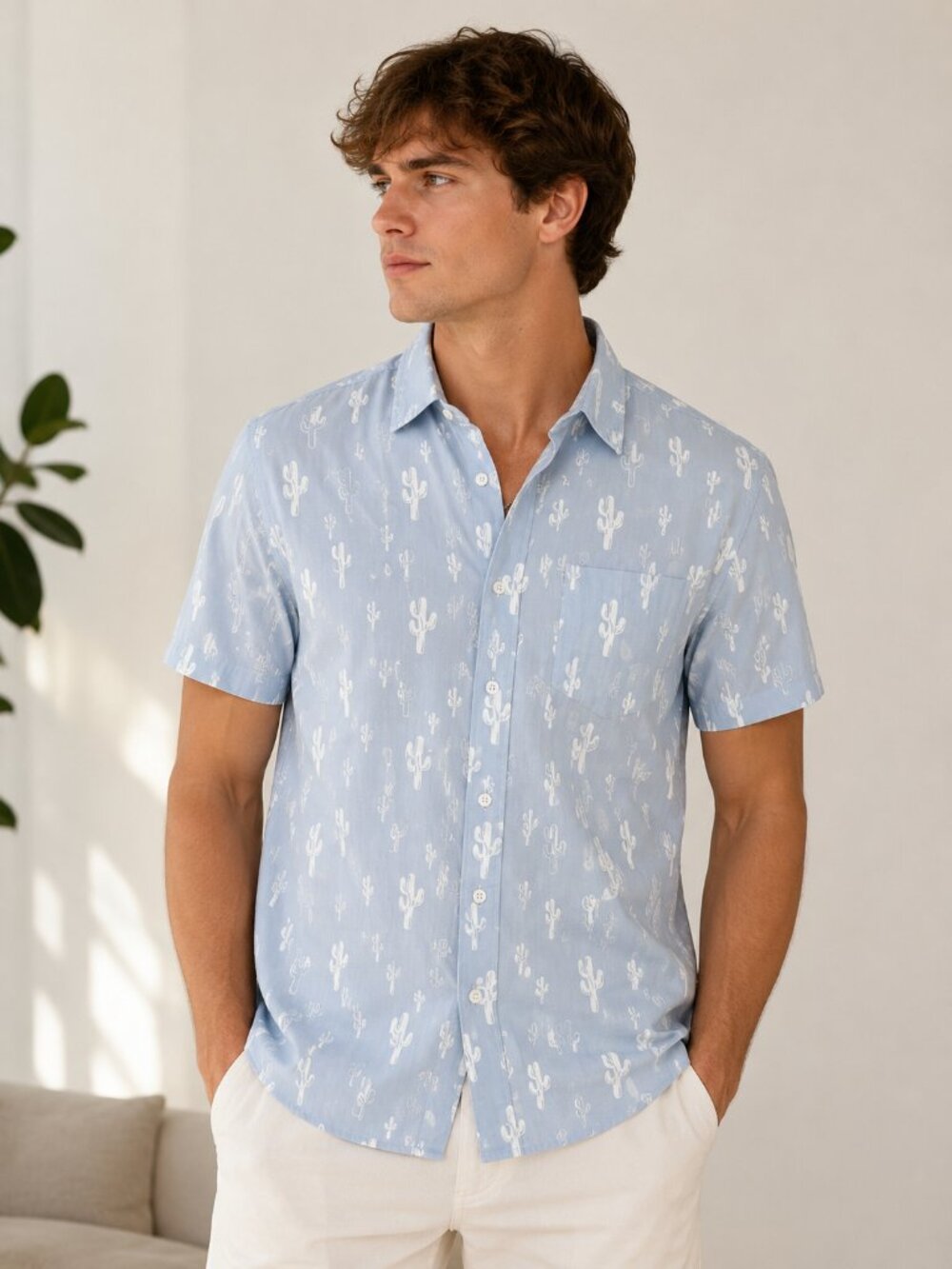 Pre-Loved Heritage Men’s Light Blue Short-Sleeve Cactus Print Shirt in Size M